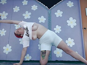 Cute MILF does yoga coupled with shows will not hear of fat bowels